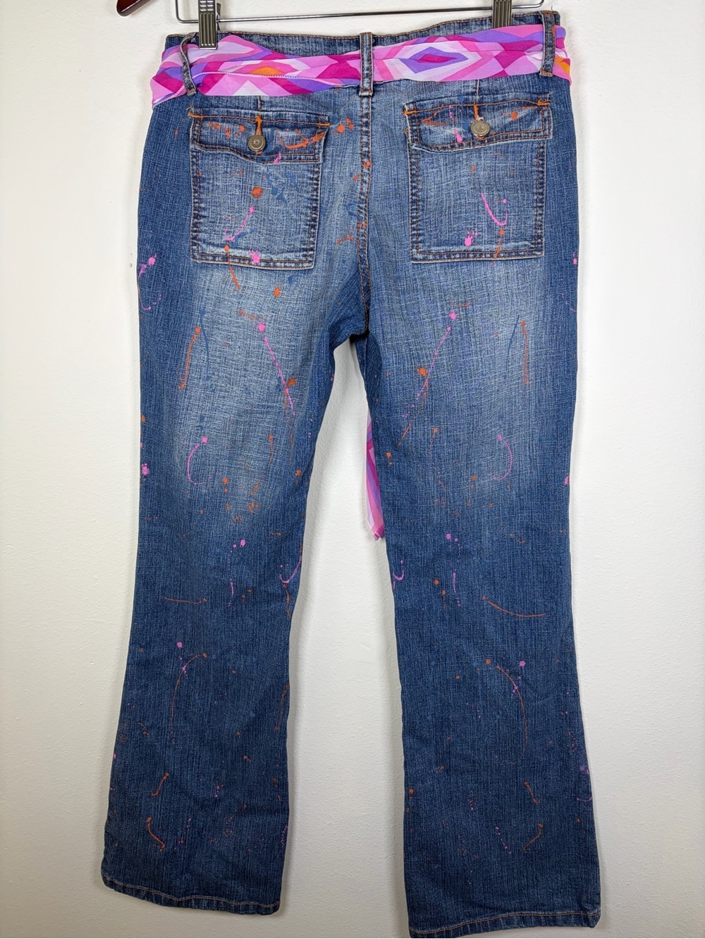 Crest Jeans Y2K Paint Splatter Flare Jeans Scarf Belt Size 11/12 - Picture 7 of 11